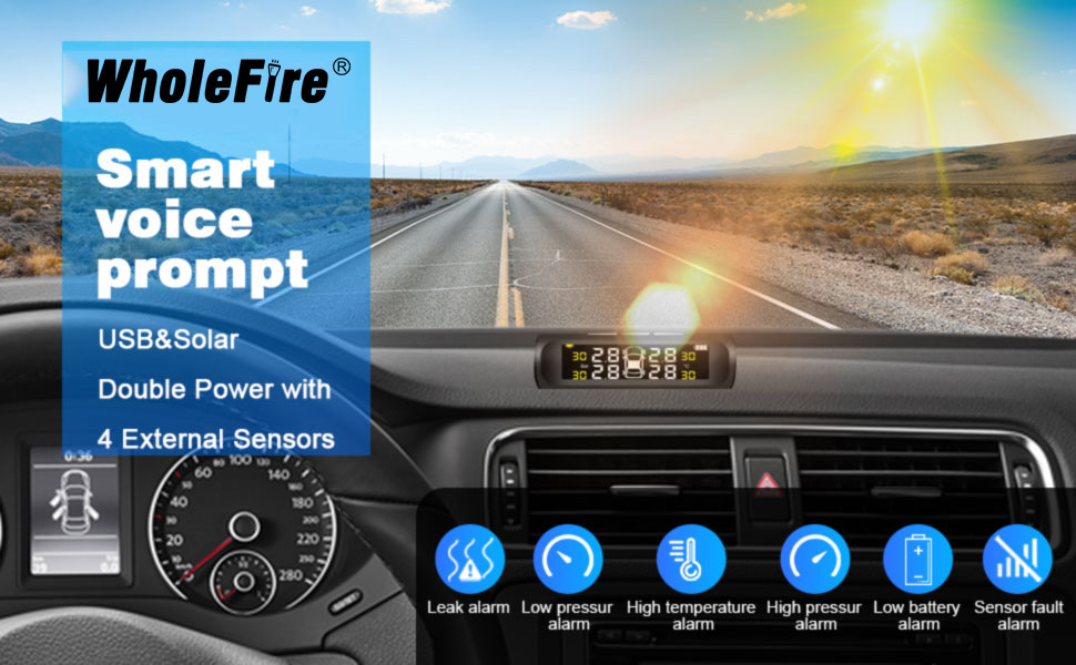 WholeFire Car Tire Pressure Monitor Systems Wireless Solar and USB