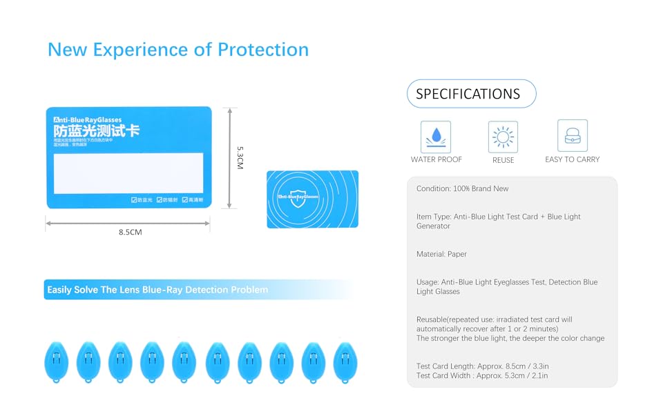 DAUERHAFT 10 Set Anti Blue Light Test Card, Eyeglasses Blu