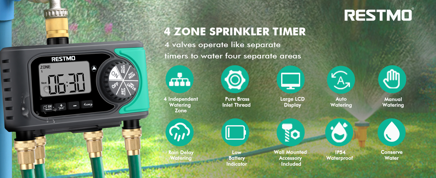 RESTMO 4Outlet Sprinkler Timer with Brass Inlet, 4 Zone