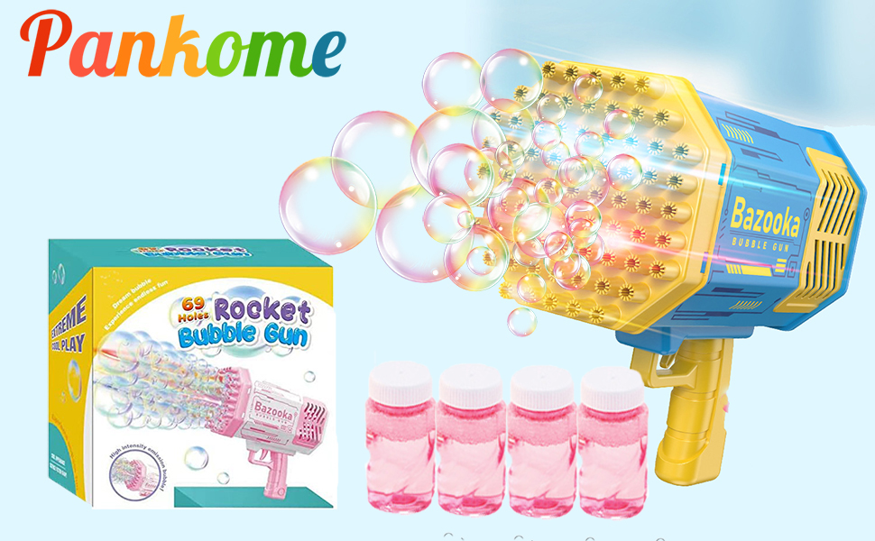 PanKome Bubble Machine Gun, 69 Holes Bazooka Bubble Machine for Adults