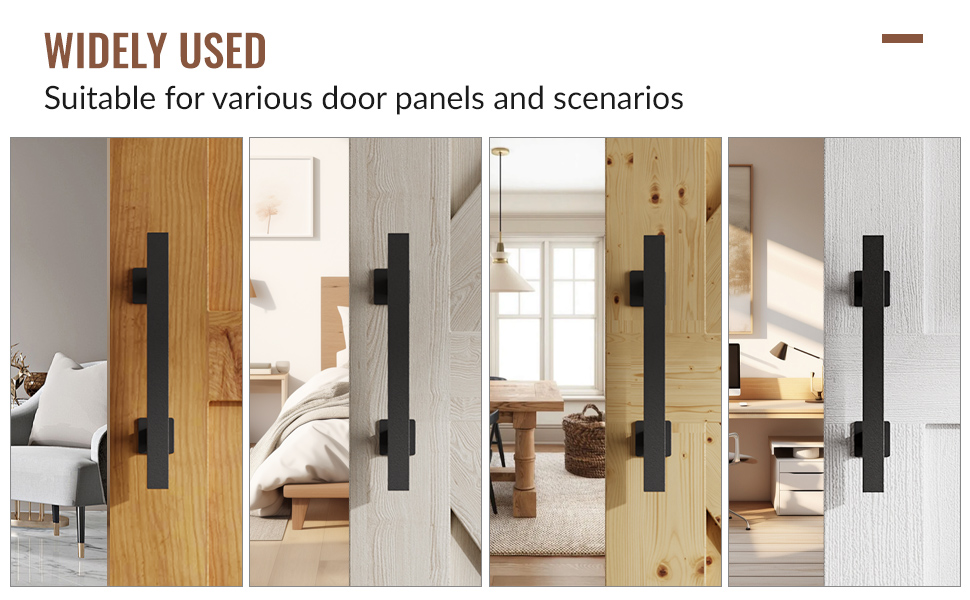 Die abgebildeten schwarzen Scheunentürgriffe sind an verschiedenen Holztürverkleidungen in verschiedenen Ausführungen montiert und zeigen vielseitige Befestigungsmöglichkeiten.