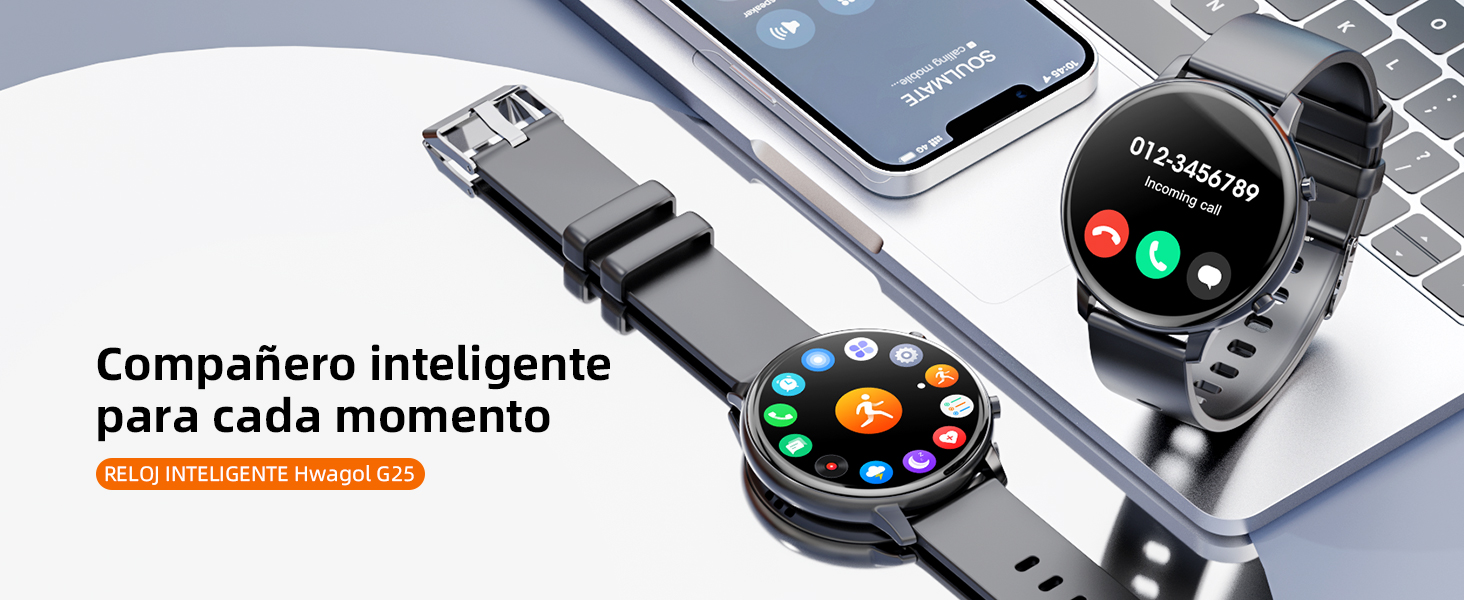 Relojes inteligentes con pantallas redondas que muestran coloridos iconos de aplicaciones. Dos relojes con correas negras y uno con correa plateada, junto a un teléfono inteligente