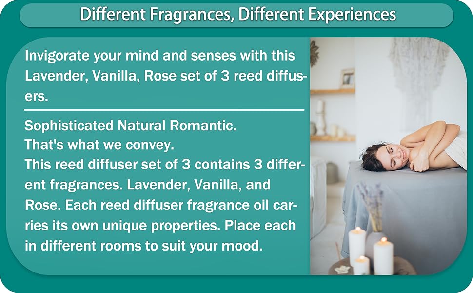 Binca Vidou Reed Diffuser Set of 3, Lavender Rose Vanilla Oil Reed Diffusers for