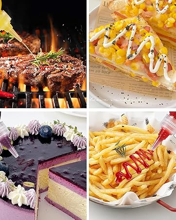 Image culinaire à quatre panneaux montrant de la viande grillée au barbecue, une pâtisserie avec un filet blanc, un gâteau décoré avec une garniture violette et des frites avec du ketchup.