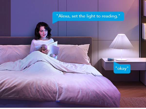 Bedroom scene showing smart lighting system with lamp on nightstand next to bed, demonstrating voice control functionality.