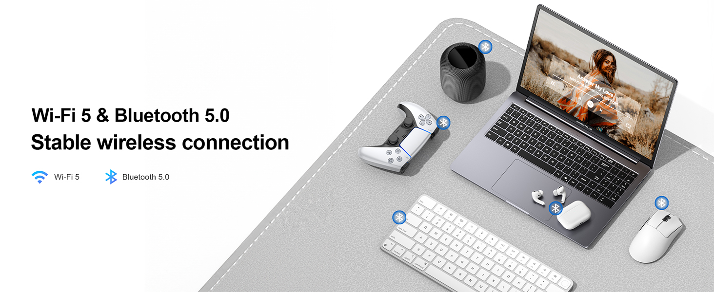 Text reads 'Wi-Fi 5 & Bluetooth 5.0 Stable wireless connection'. Shows technical product interface or connection settings display.