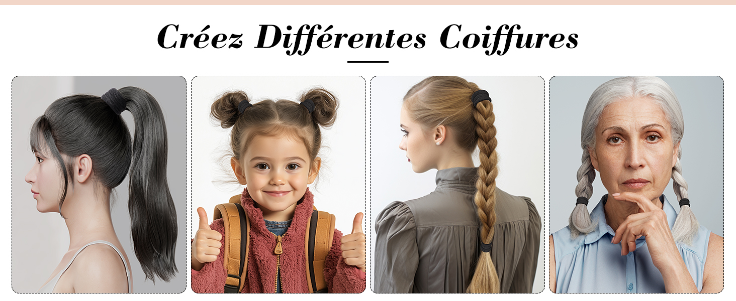Le texte se lit comme suit : « Crées Différentes Coiffures ». Quatre images côte à côte montrant différentes coiffures, y compris des variantes en queue de cheval, tressée et chignon.