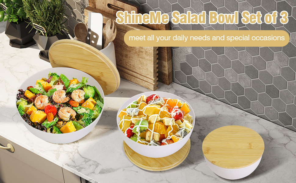 ShineMe Salad Bowl Set with Lid, Large & Deep Serving Bowl Set of 3, Bamboo Fiber