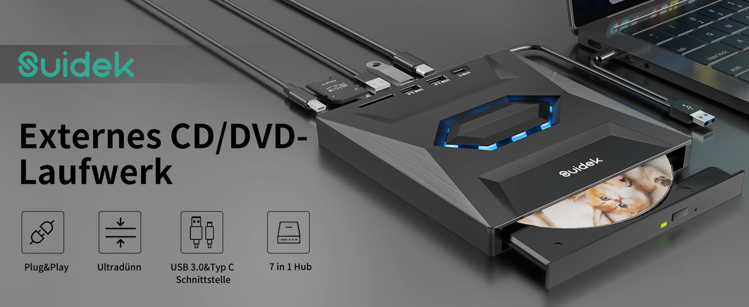 SUIDEK Externes CD DVD Laufwerk für Laptop, USBC CD Player, tragbarer