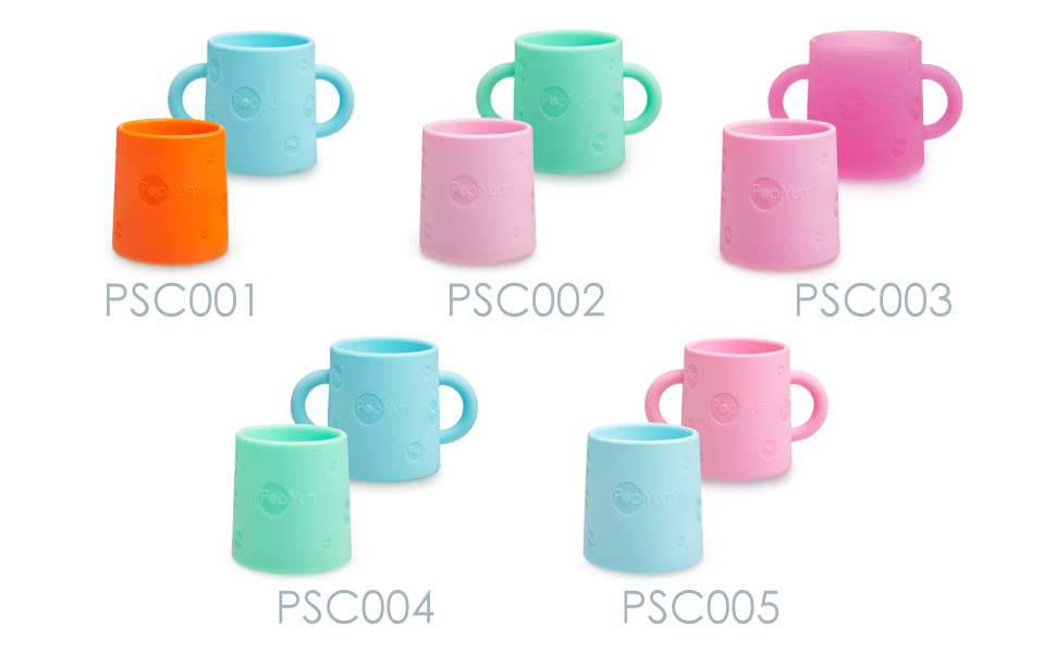 PopYum silicone training cups models include PSC001, PSC002, PSC003, PSC004 and PSC005