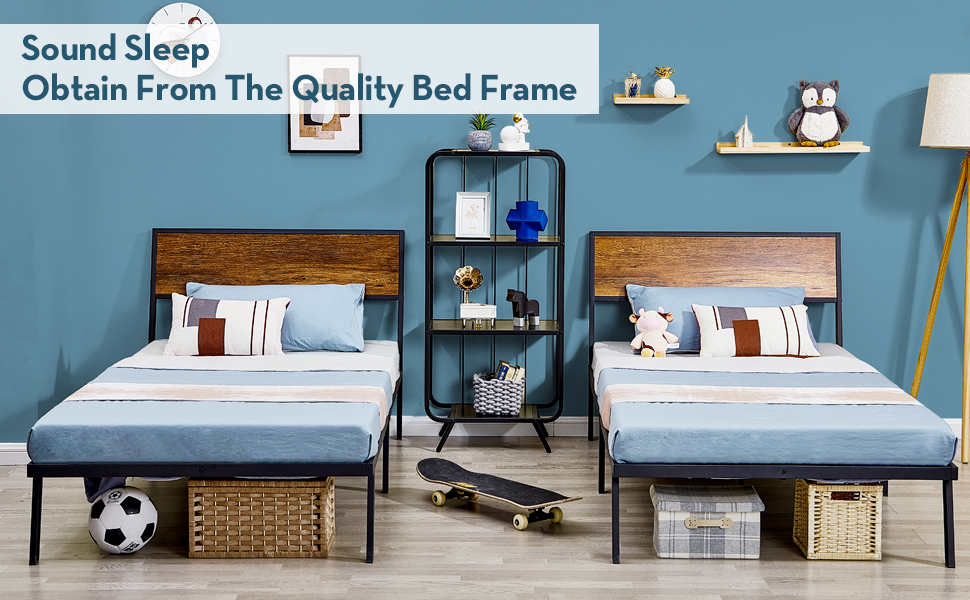SAYGOER Single Metal Bed Frames with Inclined Wood Headboard, 31CM