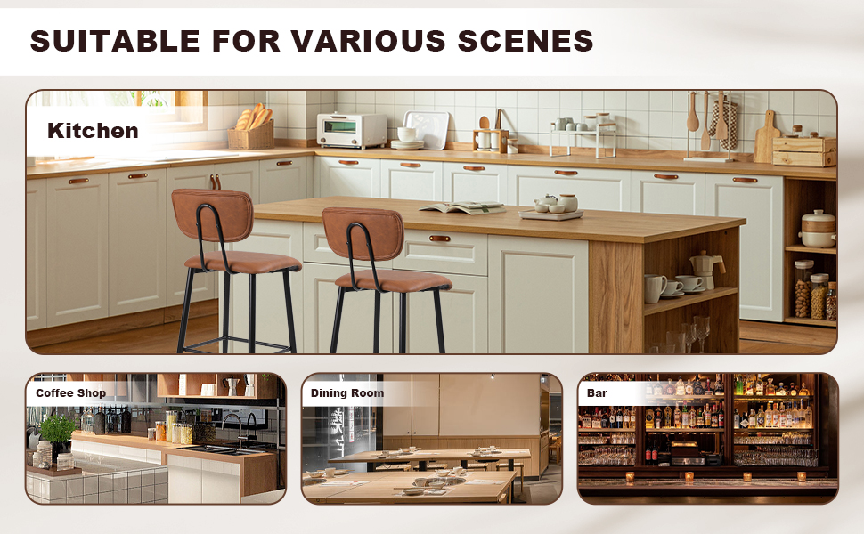 Nusetx Bar Stools Set of 2, PU Upholstered Counter Height Barstools with Back