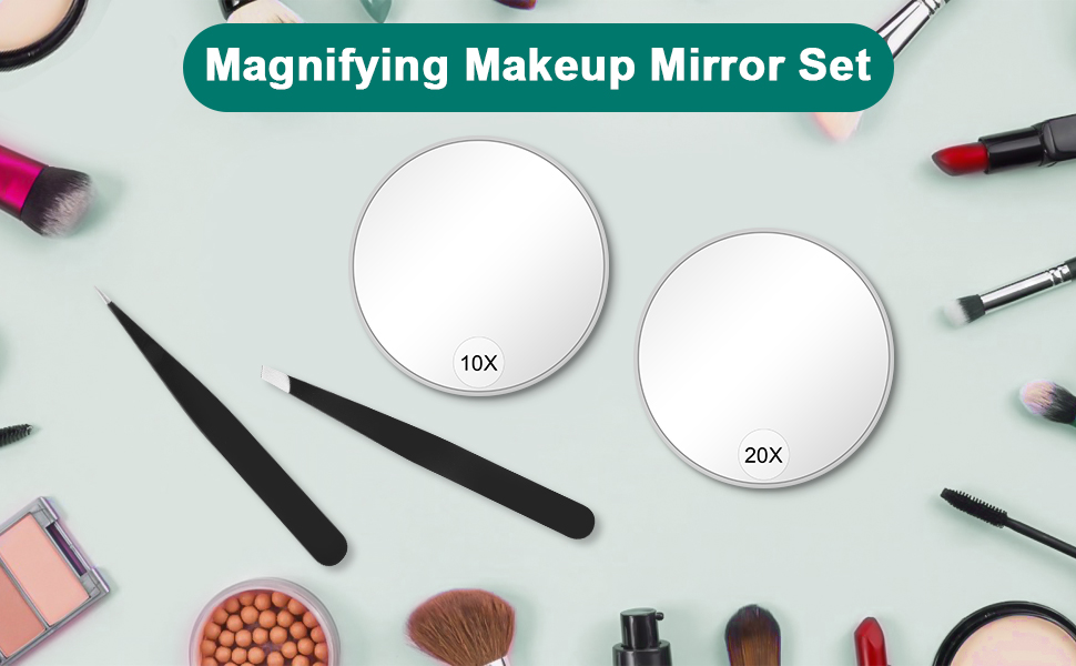 4Pcs Magnifying Mirror and Tweezers Kit, 20X 10X Magnifier Compact