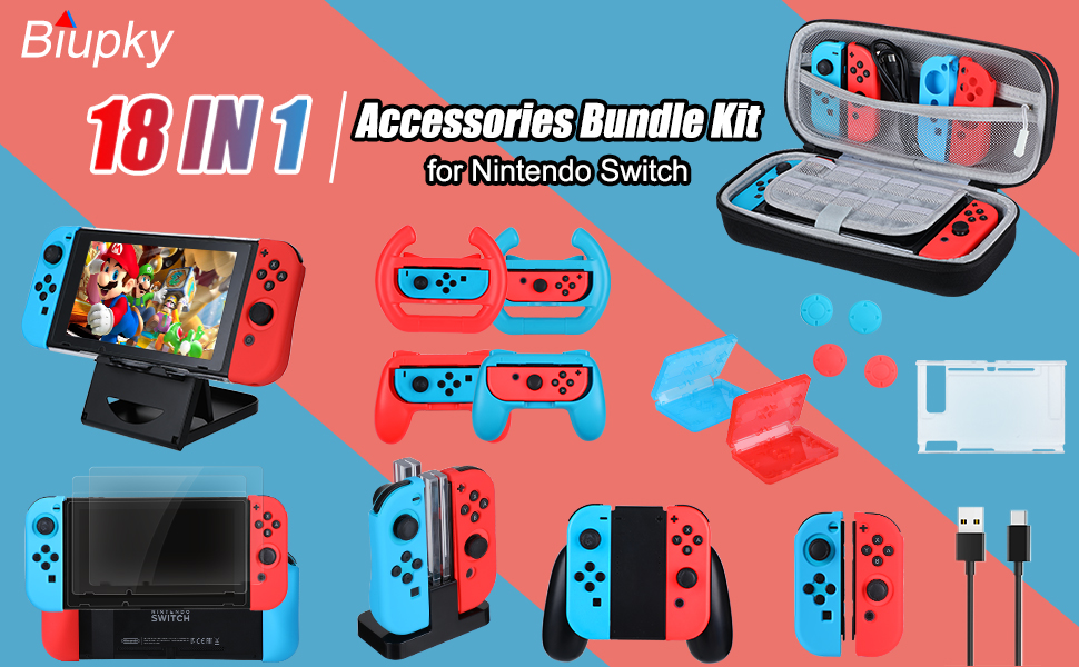 18 in 1 Accessories Bundle for Nintendo Switch, Biupky Carrying Case