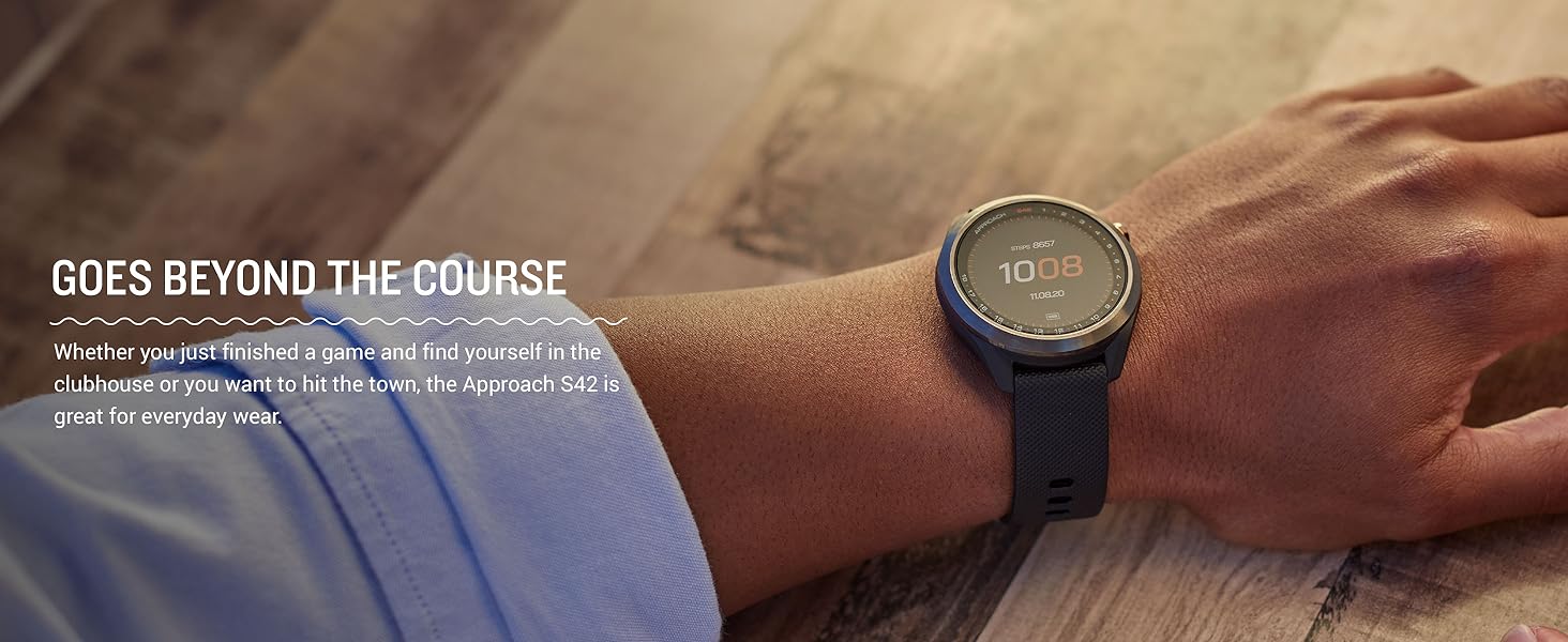 A person wearing the Approach S42 smartwatch perfect for golfing and everyday wear.