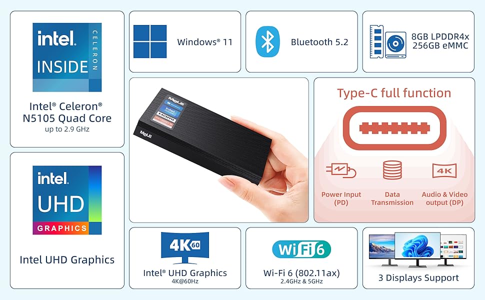 MeLE Quieter 3C Lüfterloser MiniPC N5105, Kleiner Computer, LPDDR4, Win11, HDMI 4K, WiFi 6