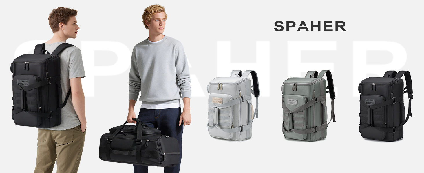 Le texte indique « SPAHER ». Affichage de trois options de couleurs de sac à dos : gris clair, gris moyen et noir, à côté des modèles portant les sacs.