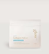 White resealable pouch containing Kollagen Pulver (Collagen Powder). Product labeled as 'Glow' brand, 100% natural marine collagen, 10g collagen per portion. 300g package weight.
