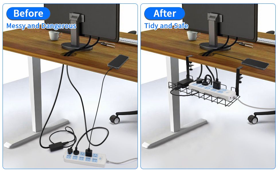 Cable Management Under Desk Cable Tidy, 2 Pack No Drill Under Desk
