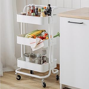 キャスターとブレーキ,トレイ付きのおしゃれなキッチンカートです キャスターとブレーキ,トレイ付きのおしゃれなキッチンカート