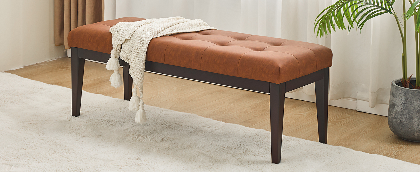 47.2" Button-Tufted Entryway Bench, Upholstered Faux Leather Ottoman Bedroom Bench End