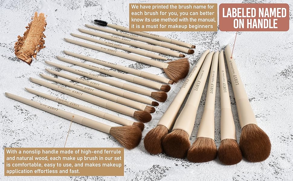 LORYP Labeled Makeup Brushes Set Khaki 18 Piece Face & Eye