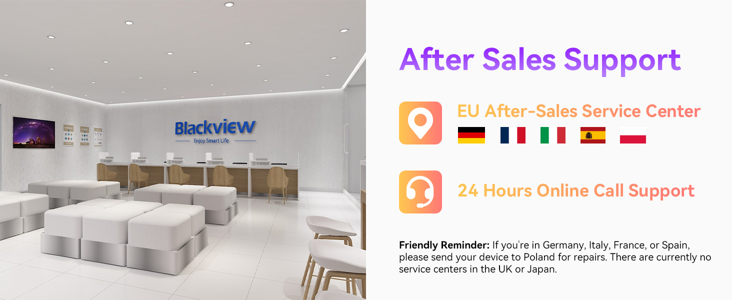 Customer support infographic showing 24/7 service center and online support. Image of modern office space with white furniture and 'Blackview' logo.