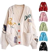 Women's Cable Knit Embroidery Cardigan V Neck Sweaters Long Sleeve Open Front Loose Coat Cute Cas...