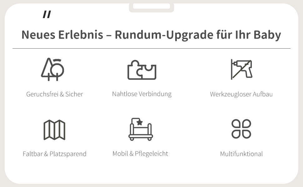 Infografik mit sechs Symbolen, die die Eigenschaften von Babyprodukten repräsentieren: Sicherheit, kabellose Verbindung, werkzeuglose Montage, Faltbarkeit, Mobilität und Multifunktionalität. Der deutsche Text weist auf ein umfassendes Upgrade für Babys hin
