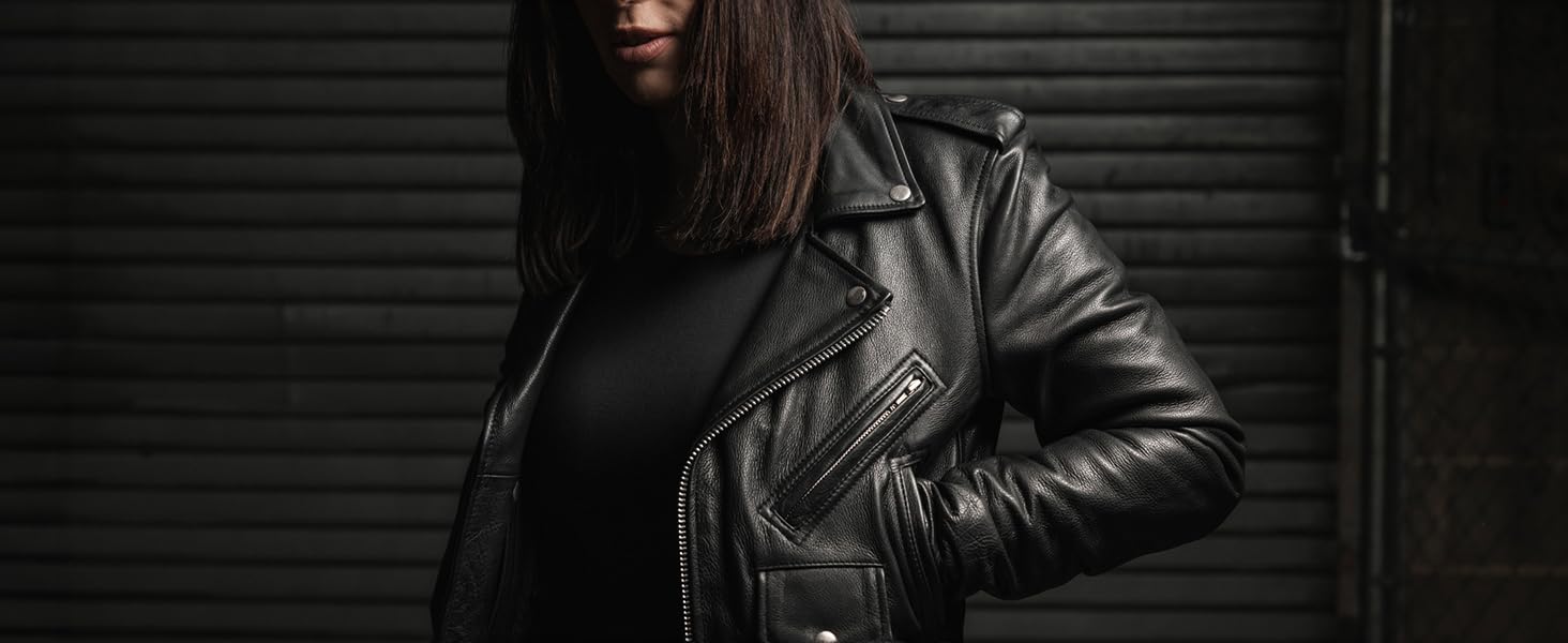 woman wearing black leather jacket with notch collar