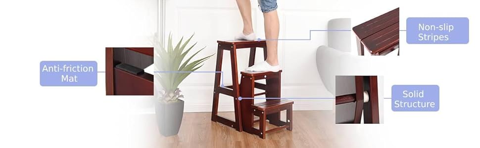 3 Tier Folding Step Stool 3-in-1 Portable Wood Stepladder Display Flower Shelf 14 W