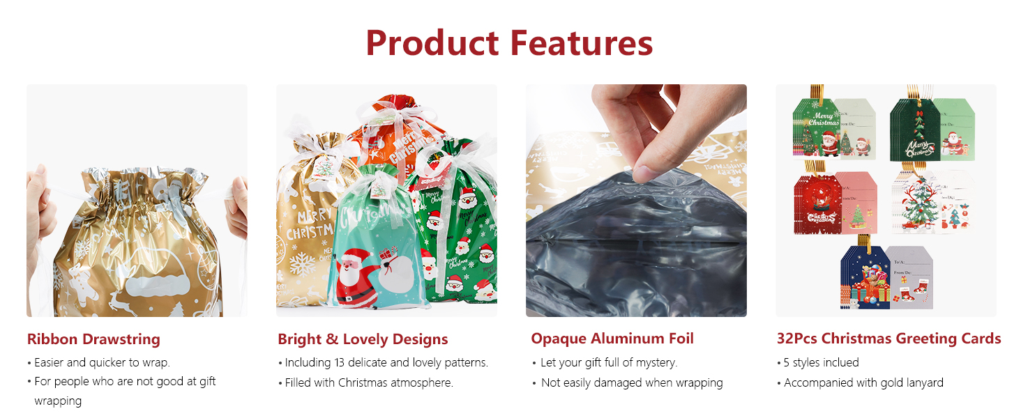 Product feature infographic showing four different Christmas gift bags with decorative designs and various functional attributes.
