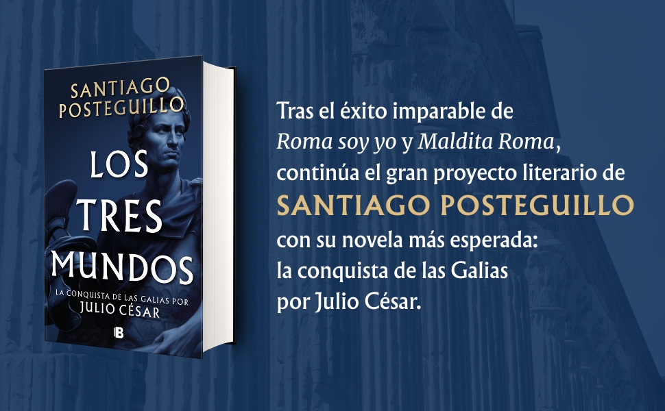 El texto muestra «SANTIAGO POSTEGUILLO» y «TRES MUNDOS» sobre fondo azul. Se muestra la portada del libro o el material promocional con el nombre del autor y el título.