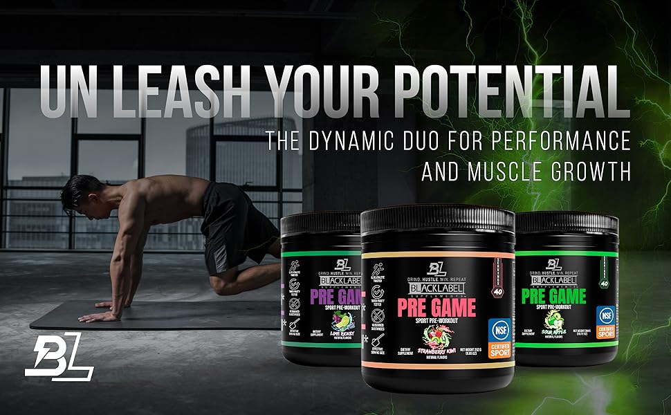 Man training on gym mat beside three BlackLabel Pre Game jars with “Unleash Your Potential” text