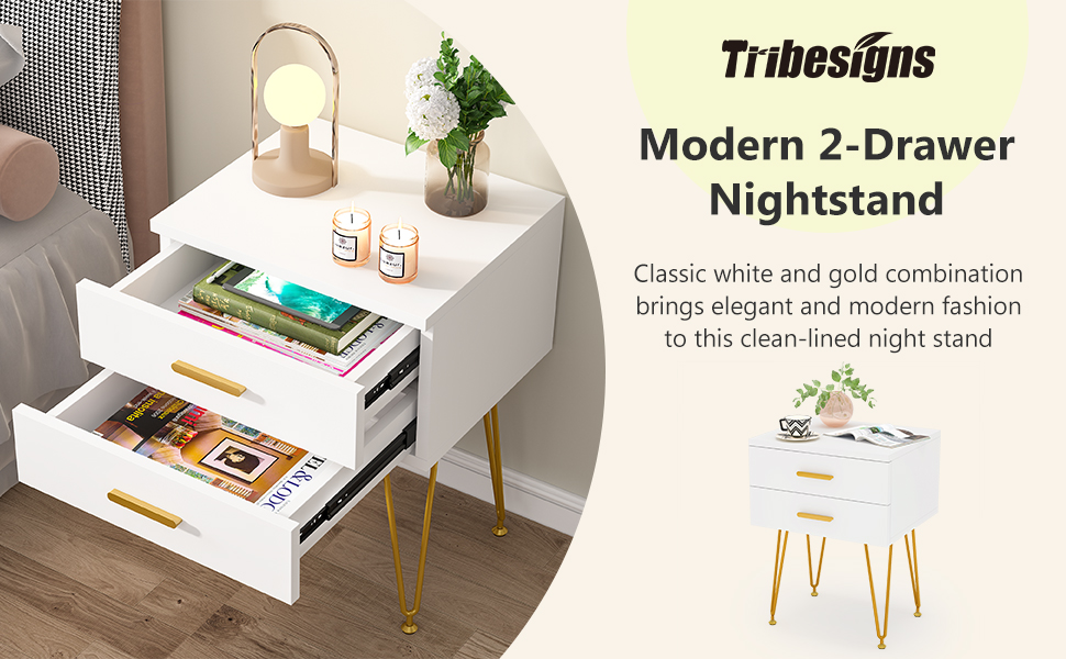 Tribesigns 2Drawer Bedside Table, White and Gold Nightstand with