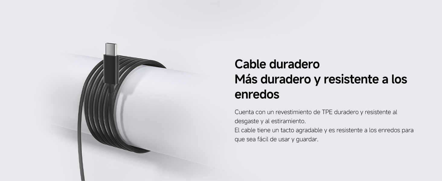El texto en español dice «Más duradero y resistente a los enredos». Fotografías de primer plano del producto que muestran detalles de cables o cordones negros sobre un fondo blanco.