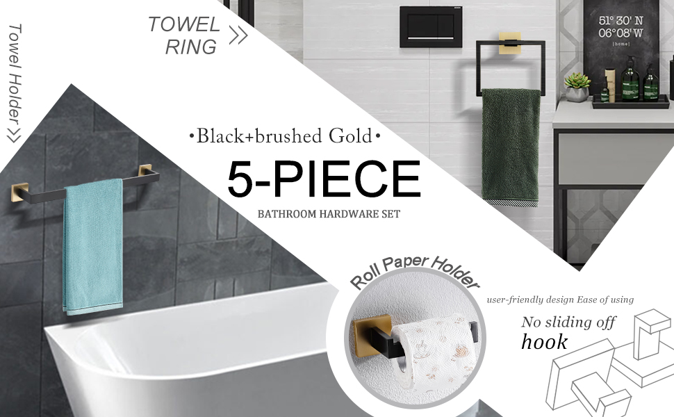 TNOMS 5 Pieces Bathroom Hardware Accessories Set Black and Gold Towel