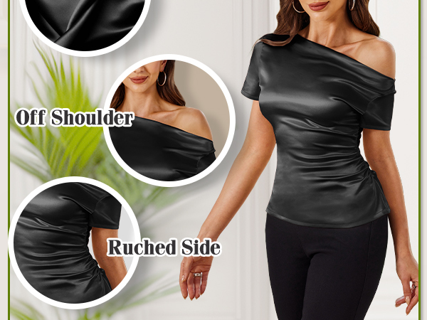 SEXYCHRM Silk Satin Tops for Women - Off The Shoulder Blouse
