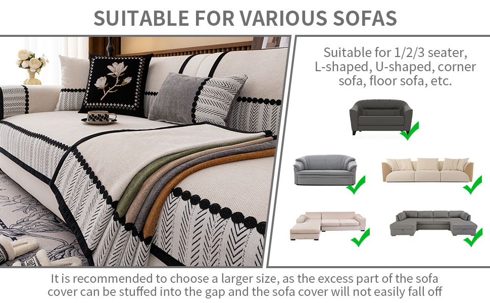 Text reads: 'SUITABLE FOR VARIOUS SOFAS' and 'Suitable for 1/2/3 seater, L-shaped, U-shaped, corner sofa, two seats, etc.' Product shows gray sofa cover with chevron pattern and instruction about size selection.