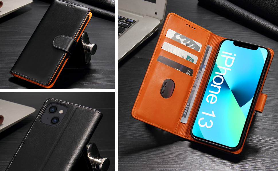 iWEOCO iPhone 13 Case Wallet Genuine Leather Flip with AntiTheft RFID