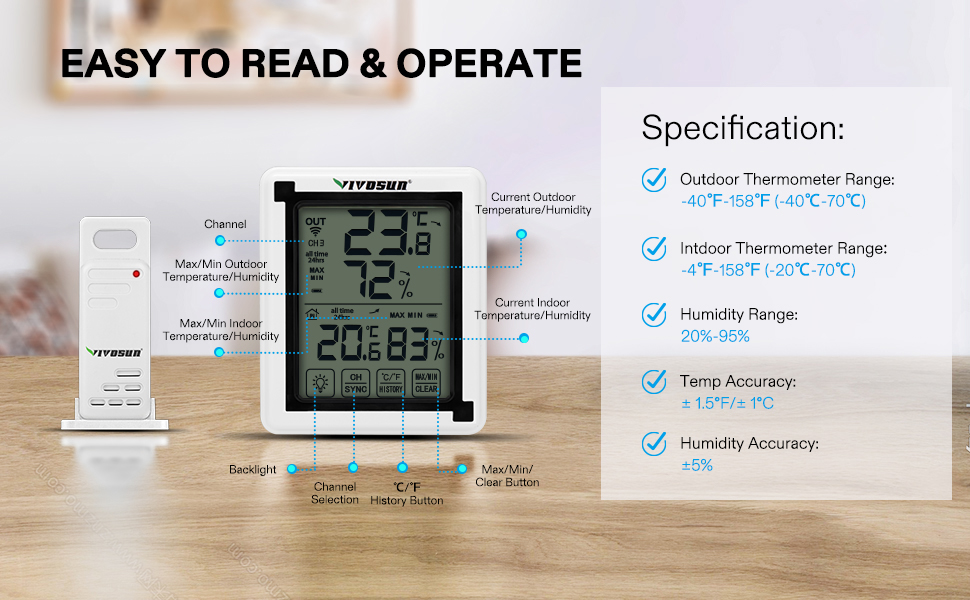 VIVOSUN Wireless Thermometer and Hygrometer with 3 Remote Sensors