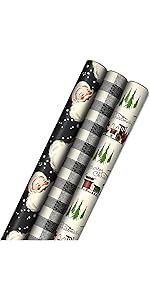 Retro Christmas wrapping paper with black and white buffalo plaid, Santa and trains