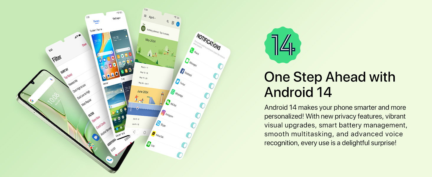 Android 14 interface preview showing multiple app screens with updated design and features on smartphone displays.