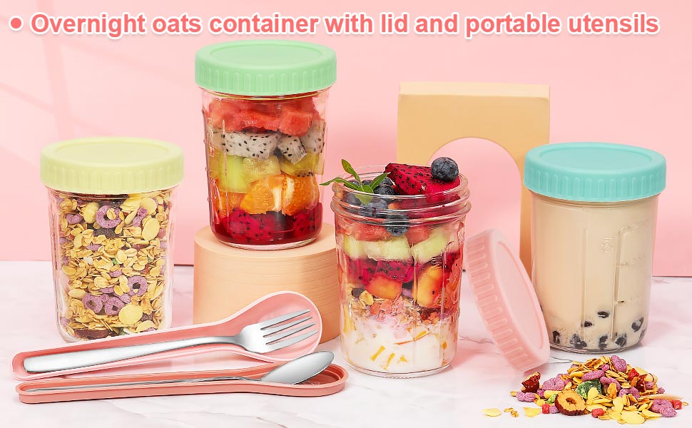 4PCS Overnight Oats Container with Lid and Spoon, 14oz Wide
