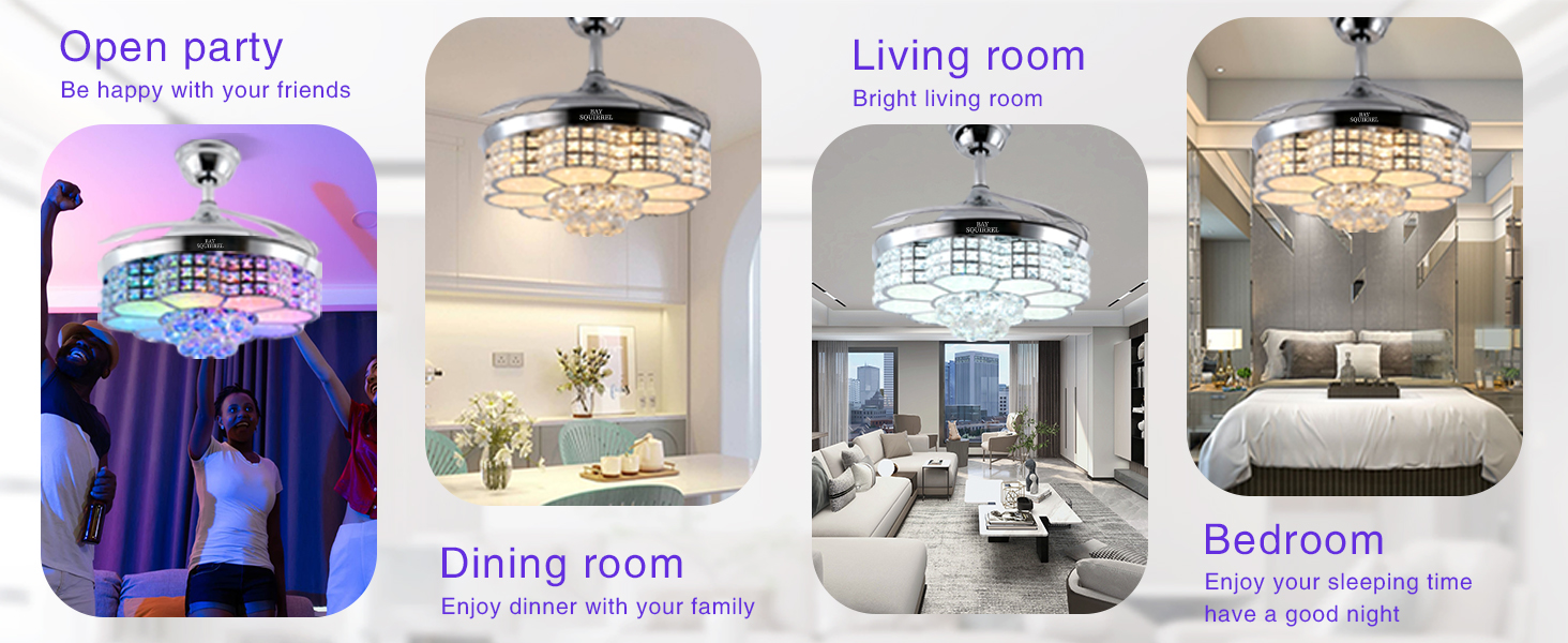 Retractable Crystal Ceiling Fan with Light, Remote and APP Control