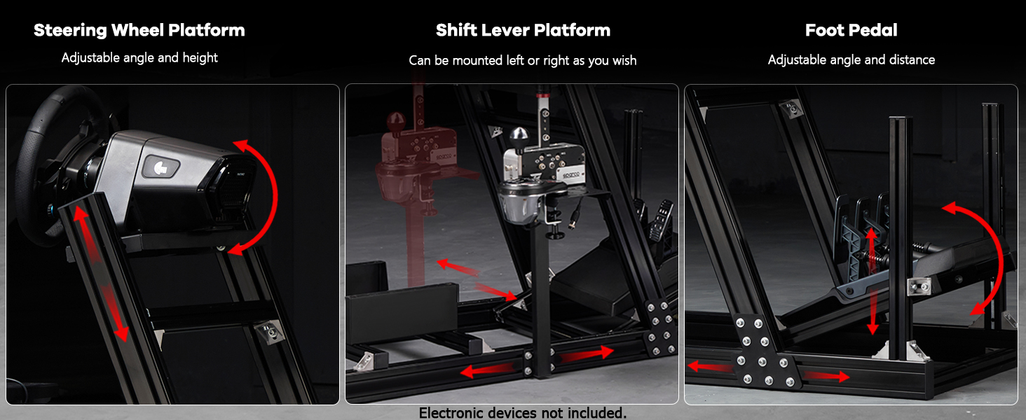 Three-panel product demonstration showing different positions of adjustable microphone stand with red accent points highlighting key features.