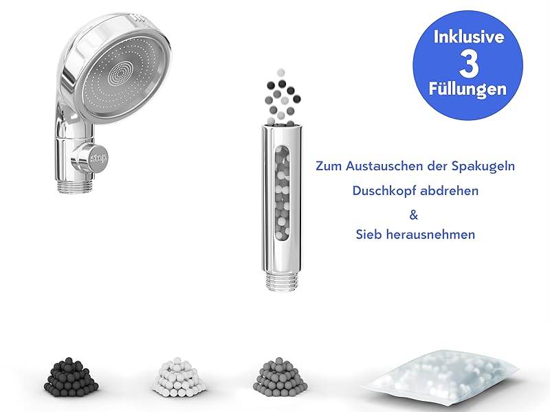 LIEBHEIM DUSCHKOPF wassersparend - Sparduschkopf mit Filter und Mineralsteinen - druckerhöhend ...