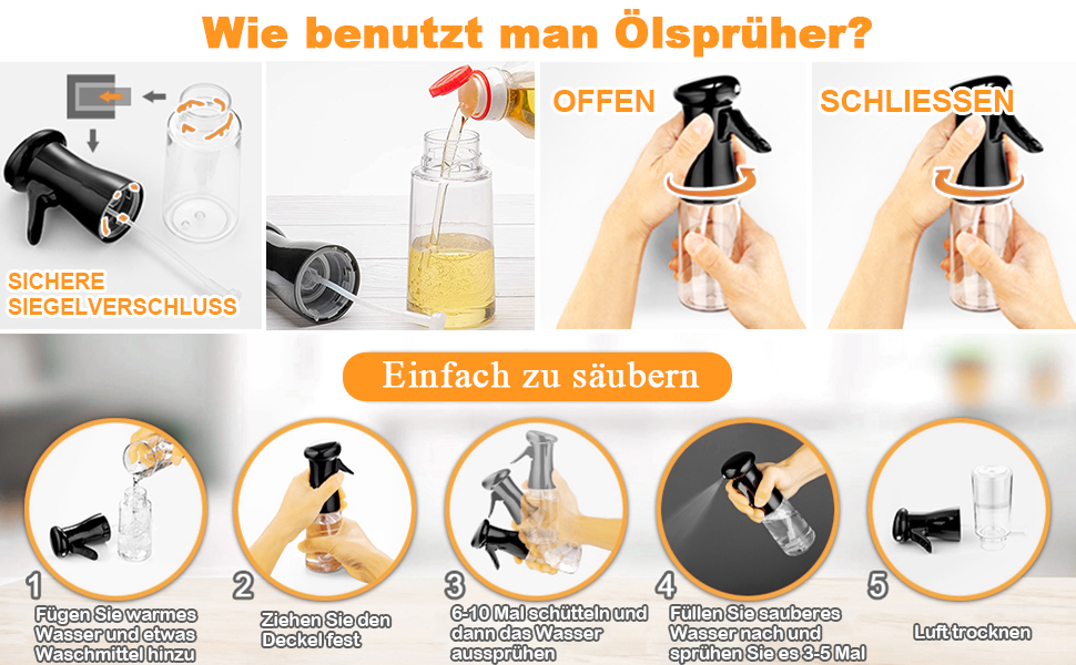 Showvigor Ölsprüher Öl Sprühflasche 200ml Oil Sprayer mit Flaschenbürste, Ölsprüher für Speiseöl
