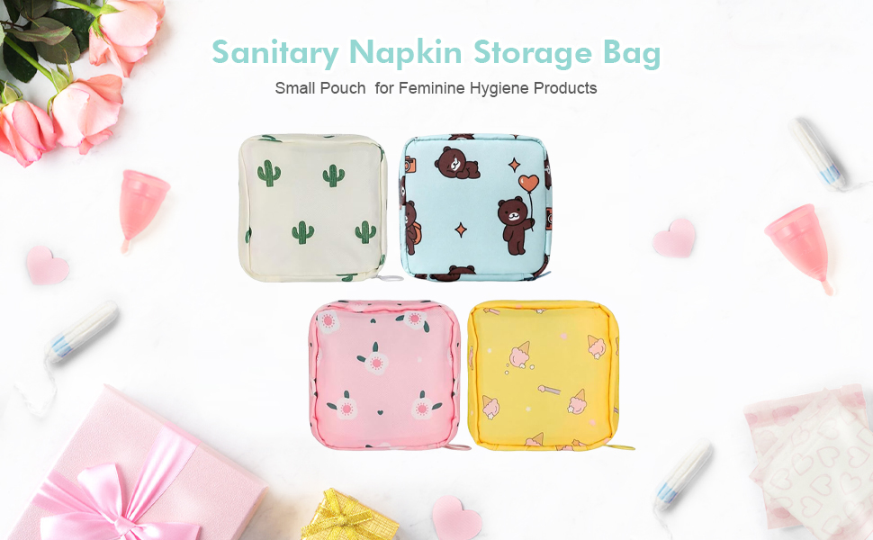 4 Pcs Sanitary Napkin Pouch, Cute Portable Fashion Nursing Sanitary Pouches for Women
