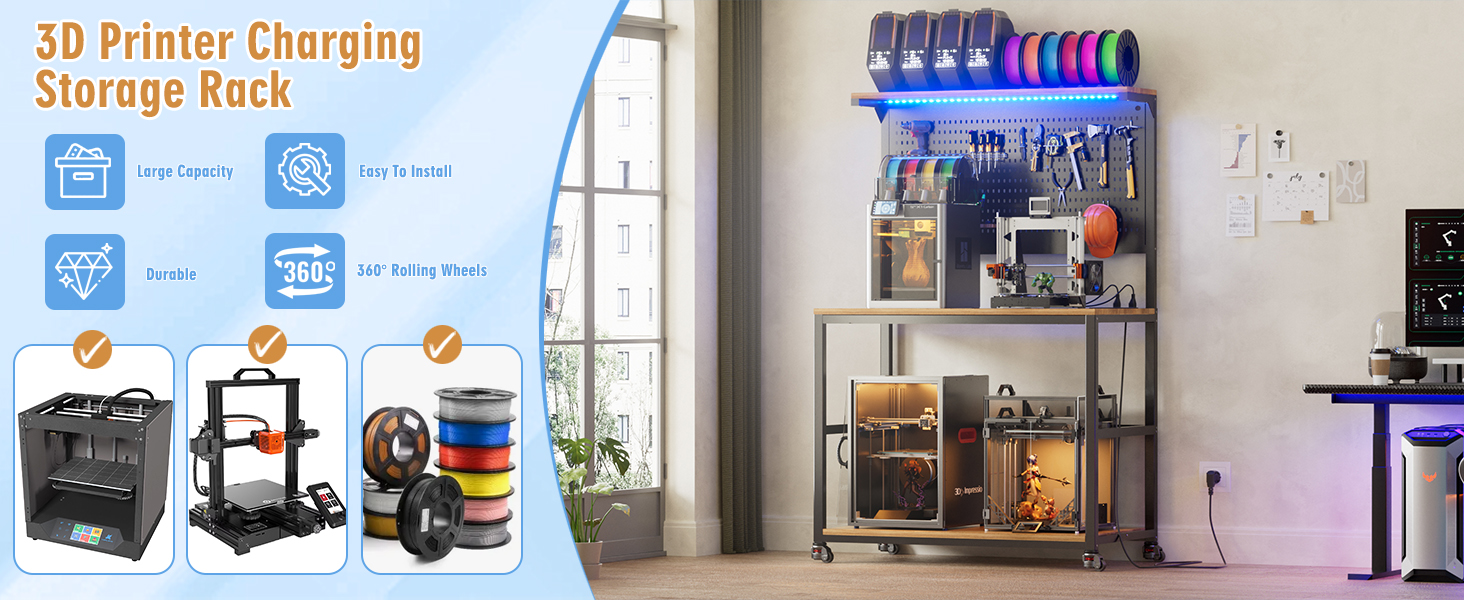 PAKASEPT 3D Printer Stand with Filament Storage Workbench,3D Printer Table with Charging Station & LED Lights,Heavy Duty Rolling Printer Desk with Pegboard for Workshop/Office/Garage, Black 18 3D Printer Stand with Filament Storage Workbench